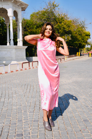 Elegant Satin Pink Maxi Dress