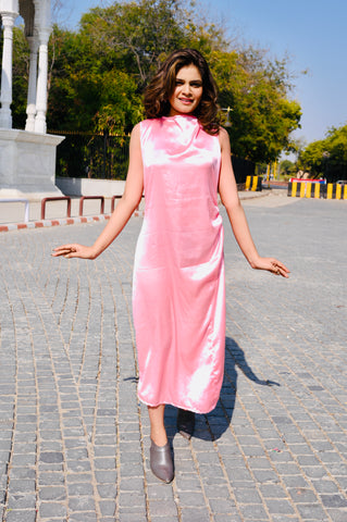 Elegant Satin Pink Maxi Dress