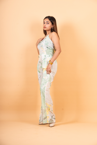 Green Marble Halter Neck Jumpsuit – Backless Modal One-Piece | Wide Leg Summer Romper | Art-Inspired Fashion