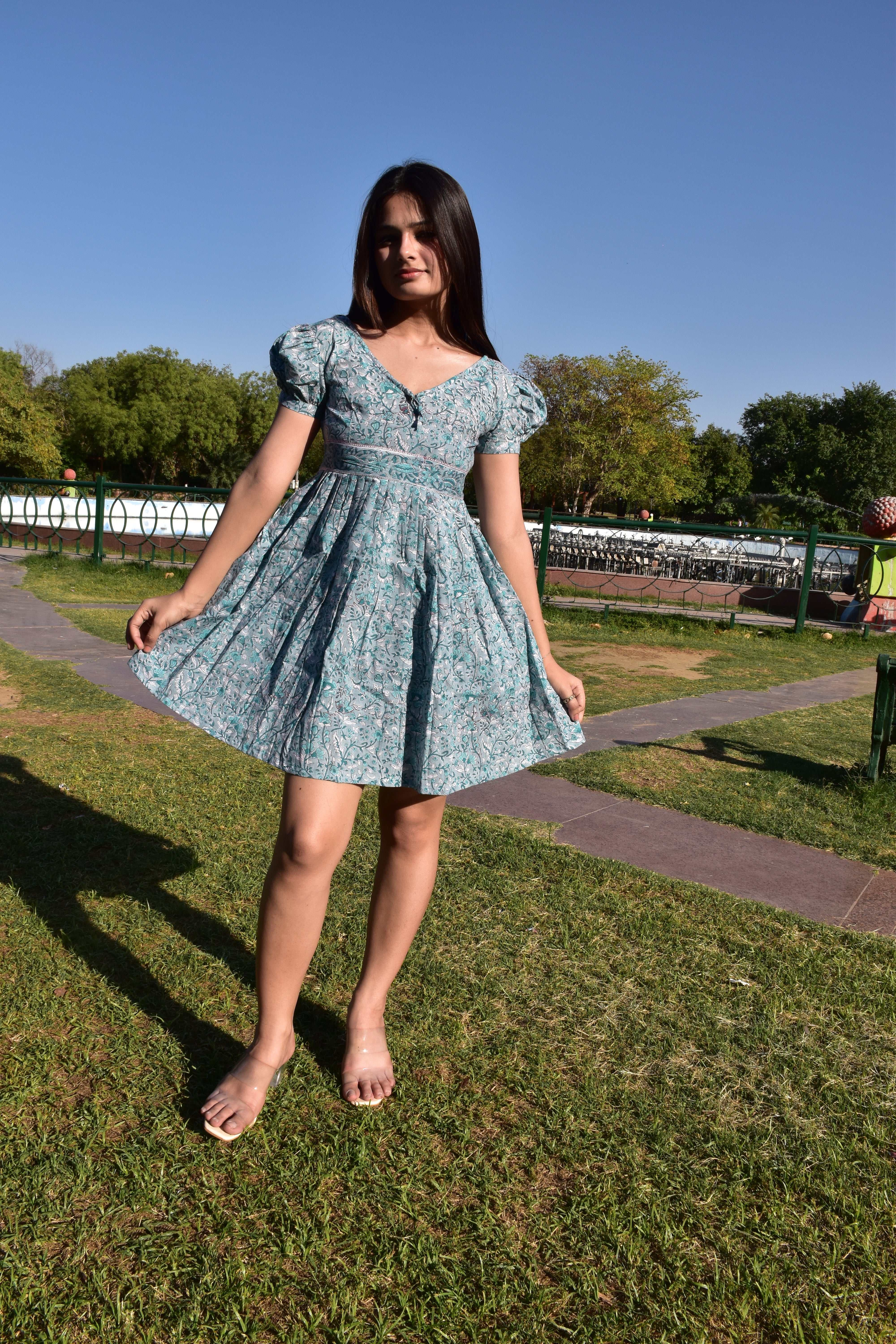 Aqua Breeze Hand Block Print Cotton Mini Dress
