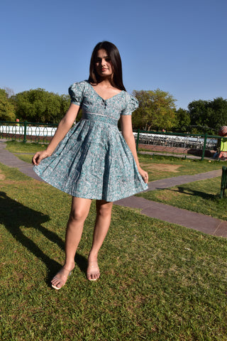 Aqua Breeze Hand Block Print Cotton Mini Dress